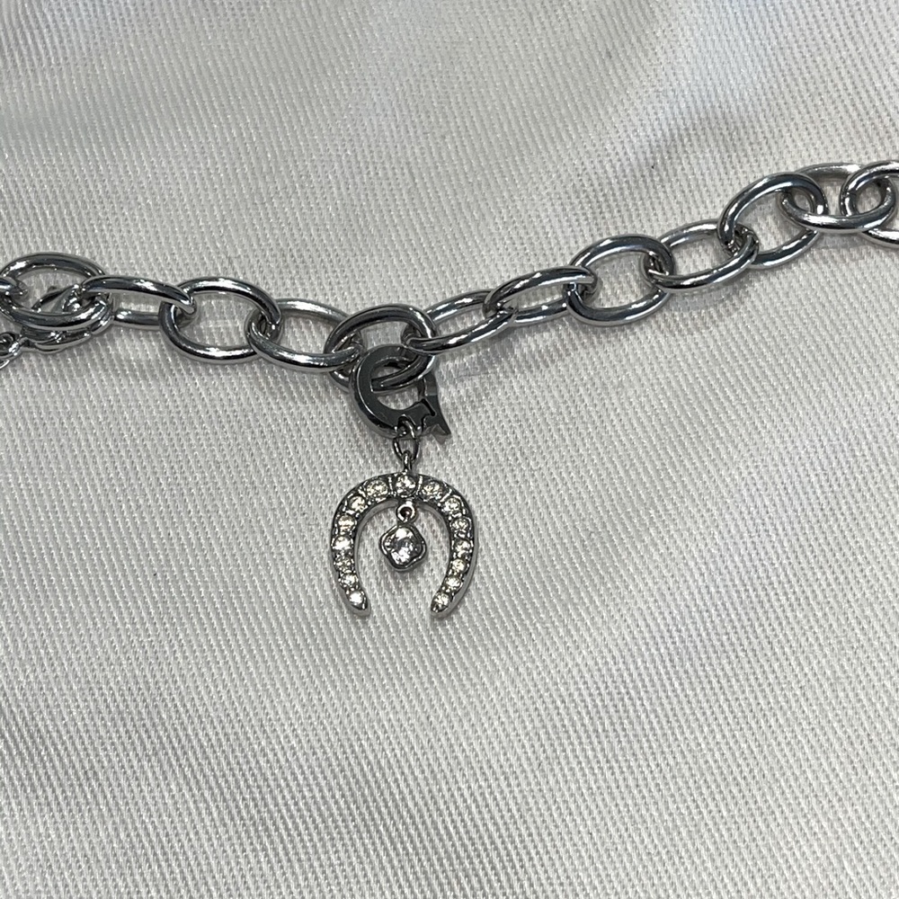 Swarovski Swan Signed Silver Horseshoe Charm on Chain Bracelet